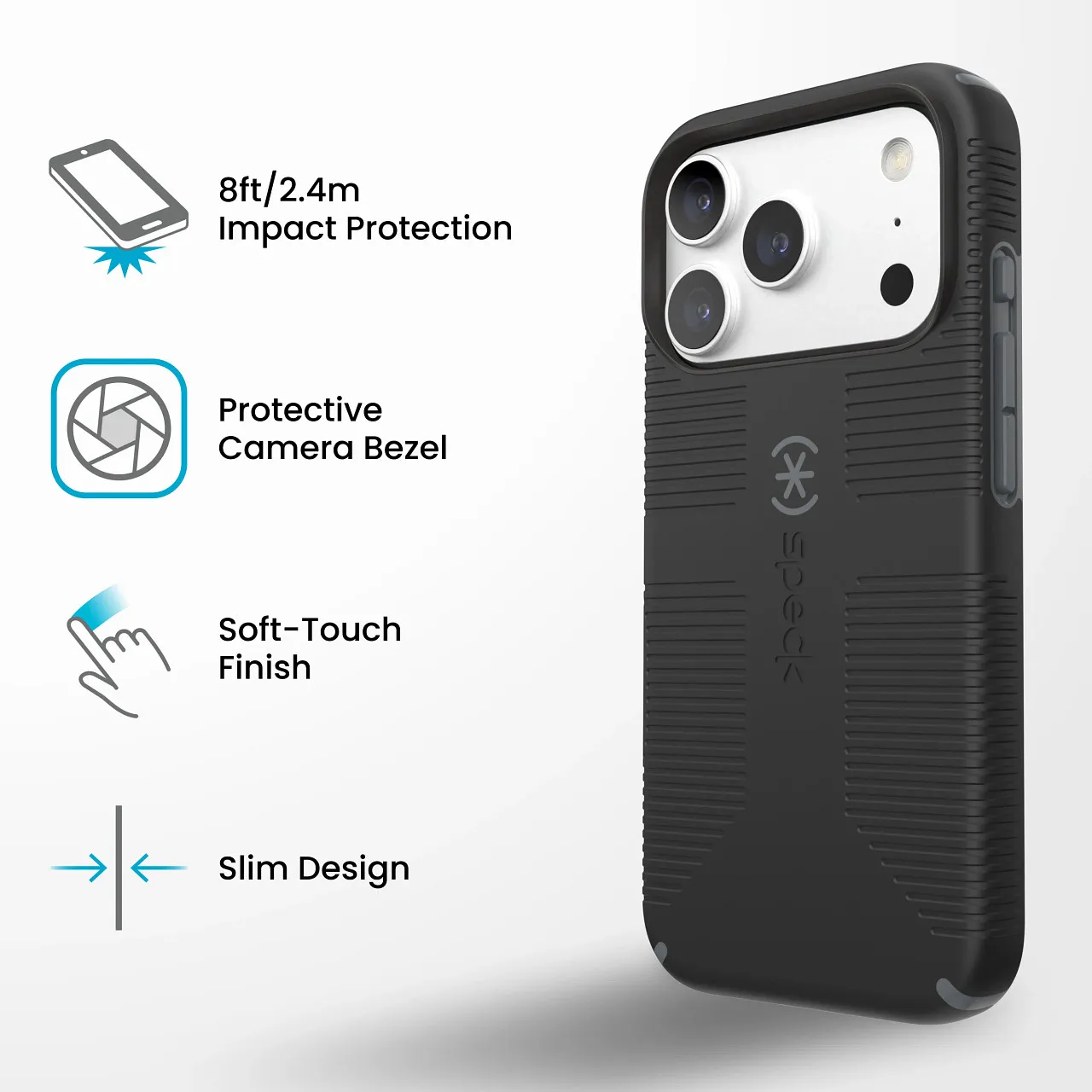 Калъф Speck CandyShell Grip, MagSafe, за iPhone 18 Pro, Black/Slate Grey 10 Основни защитни характеристики на Speck CandyShell Grip MagSafe