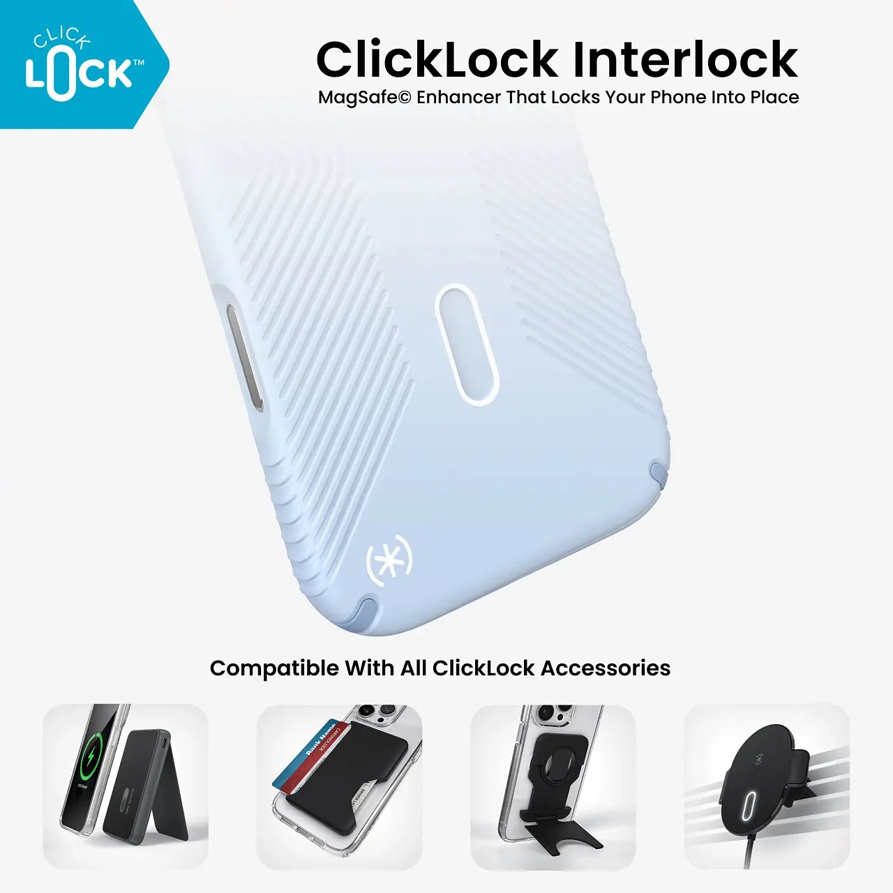 Калъф Speck Presidio2 Grip, MagSafe, ClickLock, за iPhone 18 Pro, Sable 10 Система ClickLock на Speck Presidio2 Grip за допълнително фиксиране на съвместими MagSafe аксесоари